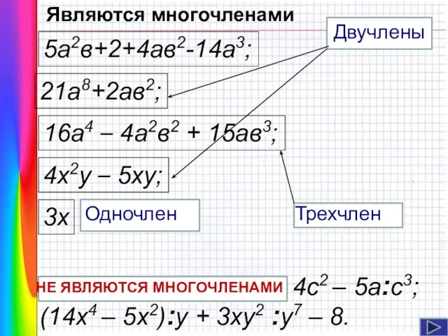4с2 – 5а:с3; (14x4 – 5x2):у + 3ху2 :у7 – 8. 21а8+2ав2;