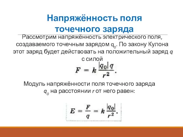 Напряжённость поля точечного заряда Рассмотрим напряжённость электрического поля, создаваемого точечным зарядом q0.