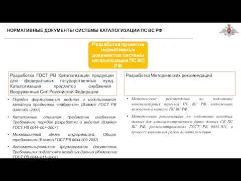 НОРМАТИВНЫЕ ДОКУМЕНТЫ СИСТЕМЫ КАТАЛОГИЗАЦИИ ПС ВС РФ Порядок формирования, ведения и использования