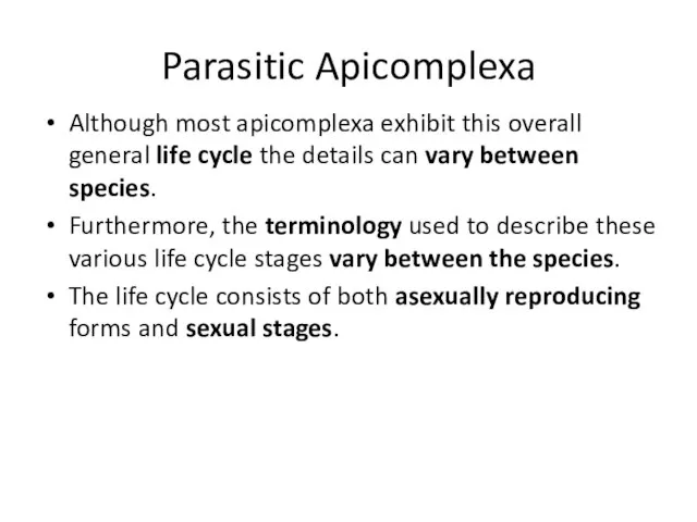 Parasitic Apicomplexa Although most apicomplexa exhibit this overall general life cycle the