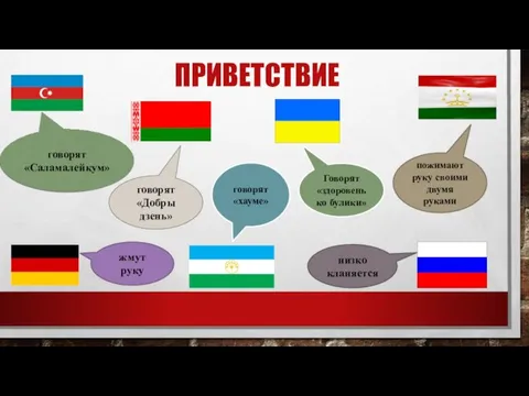 ПРИВЕТСТВИЕ говорят «Саламалейкум» пожимают руку своими двумя руками говорят «Добры дзень» жмут