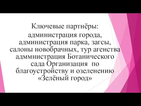 Ключевые партнёры: администрация города, администрация парка, загсы, салоны новобрачных, тур агенства адммнистрация