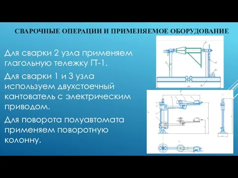 СВАРОЧНЫЕ ОПЕРАЦИИ И ПРИМЕНЯЕМОЕ ОБОРУДОВАНИЕ Для сварки 2 узла применяем глагольную тележку