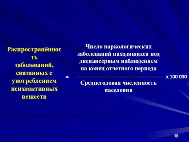 Распространённость заболеваний, связанных с употреблением психоактивных веществ Число наркологических заболеваний находящихся под