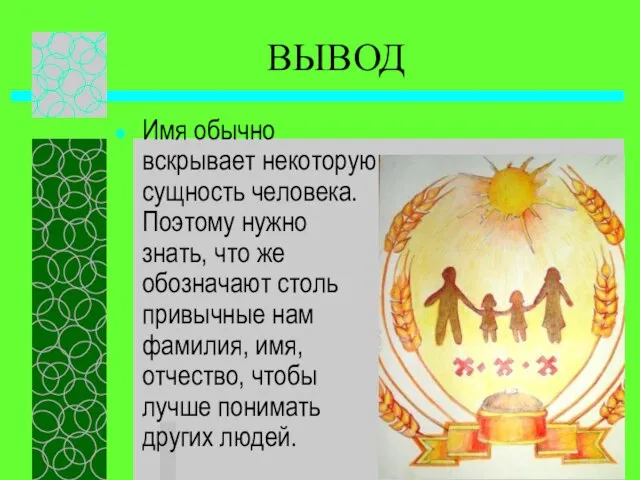 ВЫВОД Имя обычно вскрывает некоторую сущность человека. Поэтому нужно знать, что же