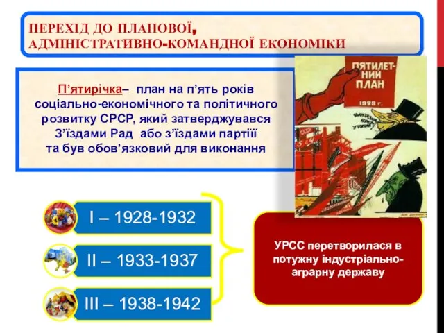 ПЕРЕХІД ДО ПЛАНОВОЇ, АДМІНІСТРАТИВНО-КОМАНДНОЇ ЕКОНОМІКИ П’ятирічка– план на п’ять років соціально-економічного та