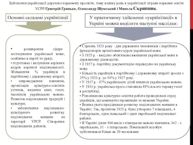 Здійснення українізації доручено наркомату просвіти, тому велику роль в українізації зіграли наркоми