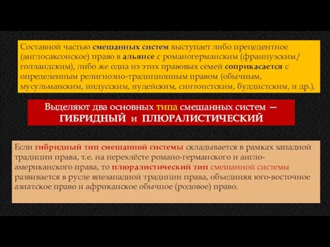 Составной частью смешанных систем выступает либо прецедентное (англосаксонское) право в альянсе с