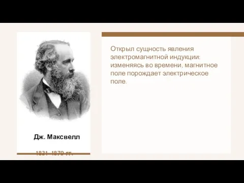 Дж. Максвелл 1831–1879 гг. Открыл сущность явления электромагнитной индукции: изменяясь во времени,