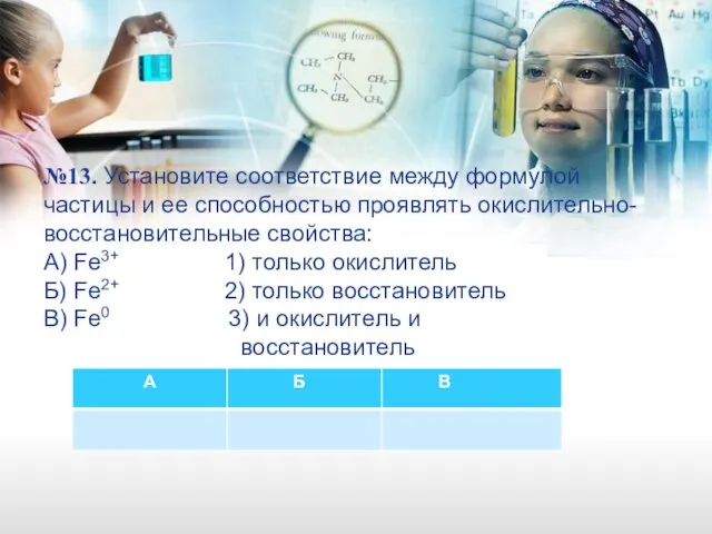 №13. Установите соответствие между формулой частицы и ее способностью проявлять окислительно-восстановительные свойства: