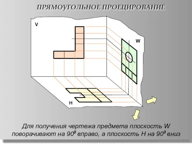 ПРЯМОУГОЛЬНОЕ ПРОЕЦИРОВАНИЕ Н W V Для получения чертежа предмета плоскость W поворачивают