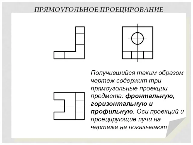 ПРЯМОУГОЛЬНОЕ ПРОЕЦИРОВАНИЕ Получившийся таким образом чертеж содержит три прямоугольные проекции предмета: фронтальную,