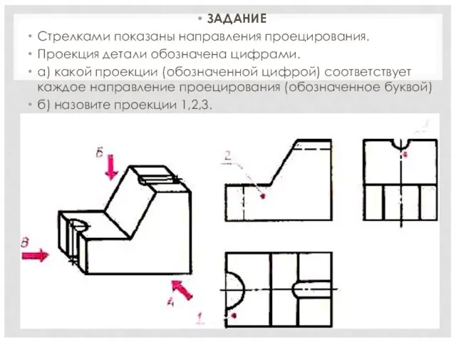 ЗАДАНИЕ Стрелками показаны направления проецирования. Проекция детали обозначена цифрами. а) какой проекции