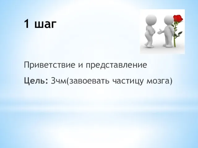 1 шаг Приветствие и представление Цель: Зчм(завоевать частицу мозга)