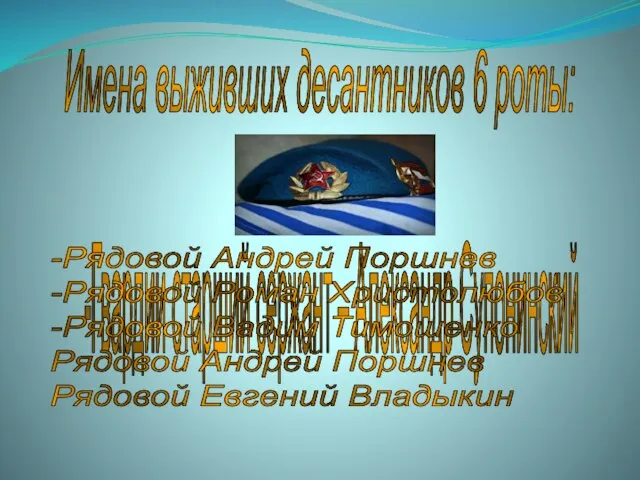 Имена выживших десантников 6 роты: -Гвардии старший сержант – Александр Супонинский -Рядовой