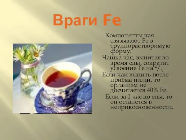 Враги Fe Компоненты чая связывают Fe в труднорастворимую форму. Чашка чая, выпитая