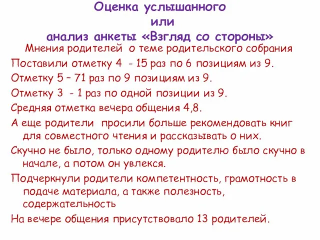 Оценка услышанного или анализ анкеты «Взгляд со стороны» Мнения родителей о теме