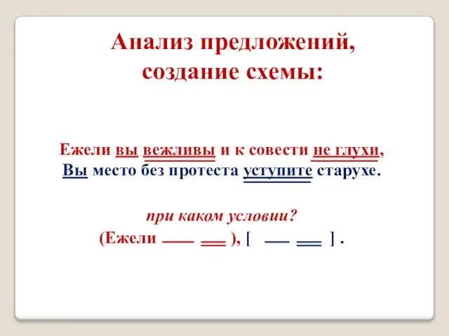 Анализ предложений, создание схемы: Ежели вы вежливы и к совести не глухи,