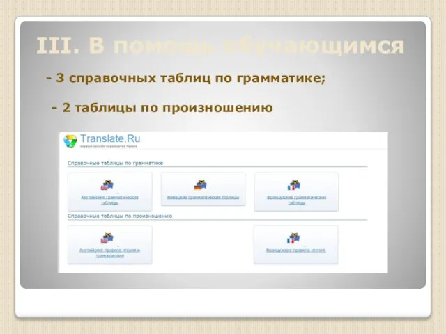 III. В помощь обучающимся 3 справочных таблиц по грамматике; - 2 таблицы по произношению