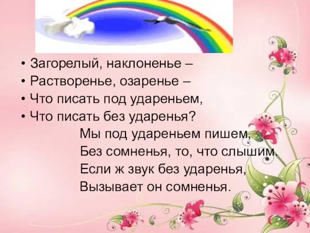 Загорелый, наклоненье – Растворенье, озаренье – Что писать под удареньем, Что писать