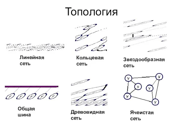 Топология Линейная сеть Звездообразная сеть Кольцевая сеть Общая шина Древовидная сеть Ячеистая сеть