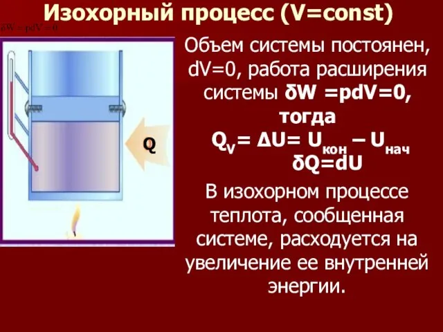 Изохорный процесс (V=const) Объем системы постоянен, dV=0, работа расширения системы δW =pdV=0,