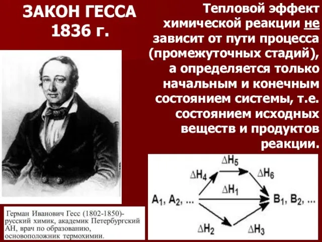 Тепловой эффект химической реакции не зависит от пути процесса (промежуточных стадий), а