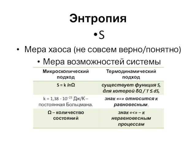 Энтропия S Мера хаоса (не совсем верно/понятно) Мера возможностей системы