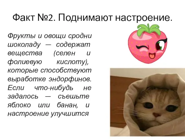 Факт №2. Поднимают настроение. Фрукты и овощи сродни шоколаду — содержат вещества