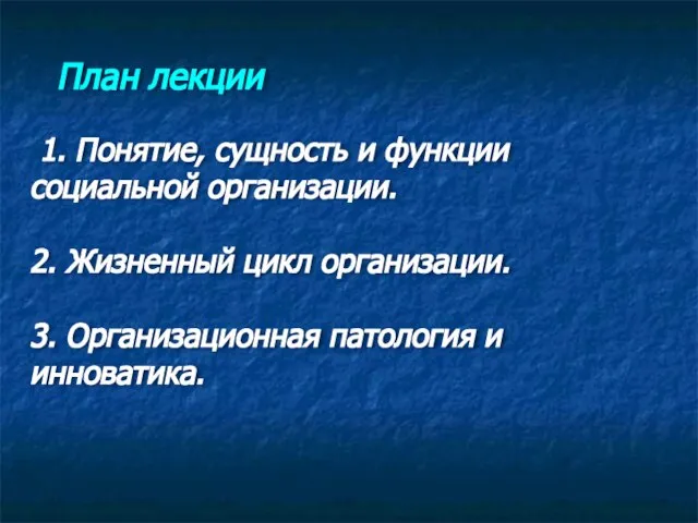 План лекции 1. Понятие, сущность и функции социальной организации. 2. Жизненный цикл