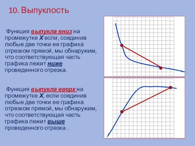 10. Выпуклость Функция выпукла вниз на промежутке Х если, соединив любые две