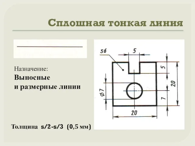 Сплошная тонкая линия Назначение: Выносные и размерные линии Толщина s/2-s/3 (0,5 мм)