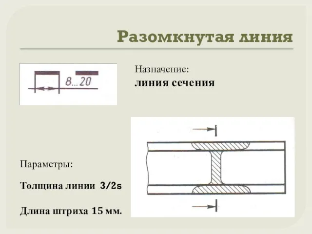 Разомкнутая линия Назначение: линия сечения Параметры: Толщина линии 3/2s Длина штриха 15 мм.