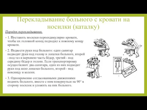 Перекладывание больного с кровати на носилки (каталку) Порядок перекладывания. 1. Поставить носилки