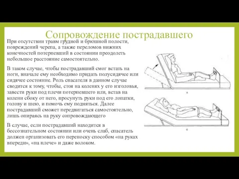 Сопровождение пострадавшего При отсутствии травм грудной и брюшной полости, повреждений черепа, а