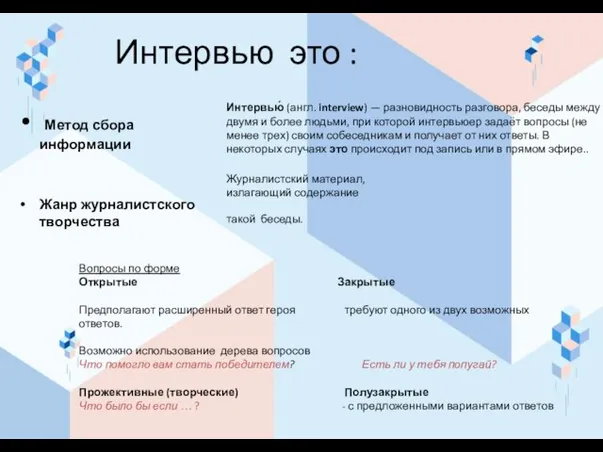 Интервью это : Метод сбора информации Жанр журналистского творчества Интервью́ (англ. interview)