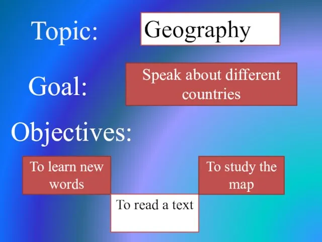 Topic: Geography Objectives: To learn new words To read a text Goal: