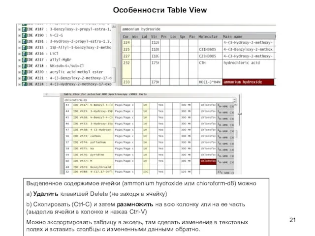 Особенности Table View Выделенное содержимое ячейки (ammonium hydroxide или chloroform-d8) можно a)