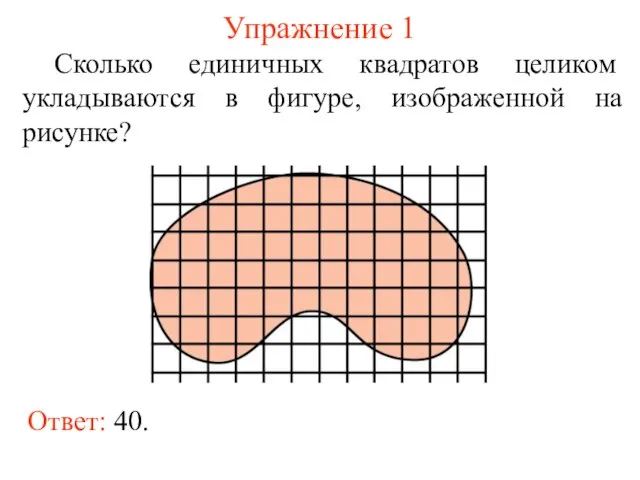 Упражнение 1 Сколько единичных квадратов целиком укладываются в фигуре, изображенной на рисунке? Ответ: 40.