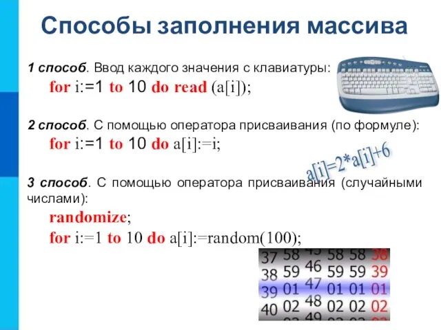 Способы заполнения массива 1 способ. Ввод каждого значения с клавиатуры: for i:=1