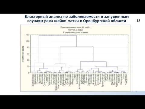 13 Кластерный анализ по заболеваемости и запущенным случаям рака шейки матки в Оренбургской области