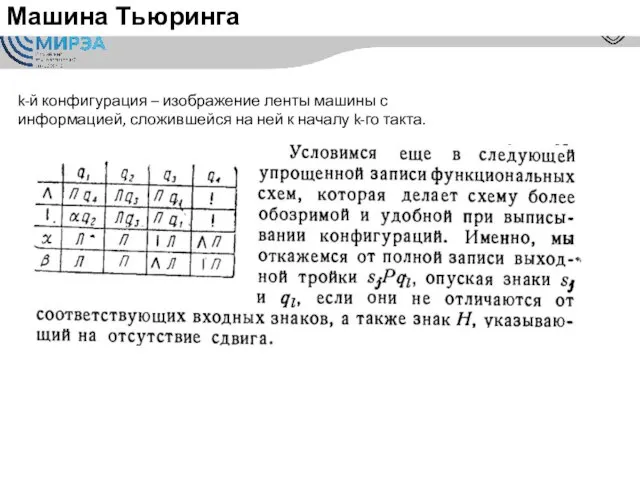 Машина Тьюринга k-й конфигурация – изображение ленты машины с информацией, сложившейся на