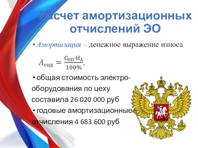 Расчет амортизационных отчислений ЭО Амортизация – денежное выражение износа общая стоимость электро-