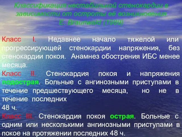 Классификация нестабильной стенокардии в зависимости от остроты её возникновения E. Braunwald (1989)