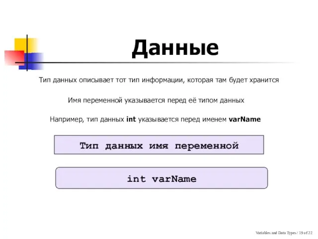 Variables and Data Types / of 22 Данные Тип данных имя переменной