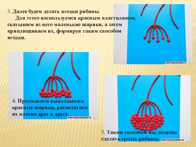 3. Далее будем делать ягодки рябины. Для этого воспользуемся красным пластилином, скатываем