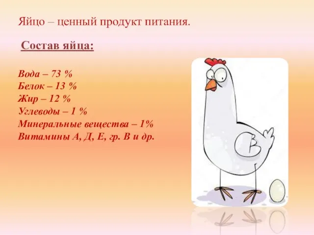 Яйцо – ценный продукт питания. Состав яйца: Вода – 73 % Белок