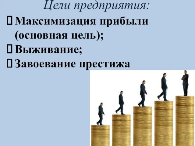 Цели предприятия: Максимизация прибыли (основная цель); Выживание; Завоевание престижа