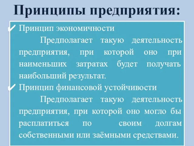 Принципы предприятия: Принцип экономичности Предполагает такую деятельность предприятия, при которой оно при