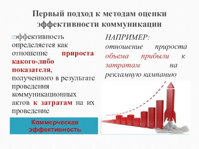 Первый подход к методам оценки эффективности коммуникации Коммерческая эффективность пример эффективность определяется